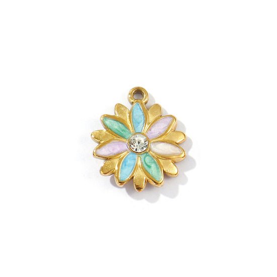 Imagen de 2 Unidades Recubrimiento al Vacío PVD Ecológico 304 Acero Inoxidable Colección Flora Colgantes Chapado en Oro de 18K Multicolor Esmalte Margarita Perlado Transparente Rhinestone 17mm x 14.5mm