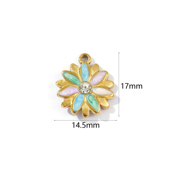 Imagen de 2 Unidades Recubrimiento al Vacío PVD Ecológico 304 Acero Inoxidable Colección Flora Colgantes Chapado en Oro de 18K Multicolor Esmalte Margarita Perlado Transparente Rhinestone 17mm x 14.5mm