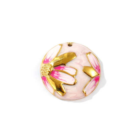 Imagen de 2 Unidades Recubrimiento al Vacío PVD Ecológico 304 Acero Inoxidable Colección Flora Colgantes Chapado en Oro de 18K Color rosa Esmalte Ronda Flor de la margarita Perlado 24mm Diámetro