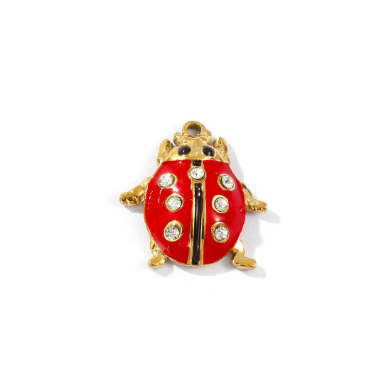 Imagen de 2 Unidades Recubrimiento al Vacío PVD Ecológico 304 Acero Inoxidable Insecto Colgantes Chapado en Oro de 18K Rojo Esmalte Mariquita Transparente Rhinestone 20mm x 19mm