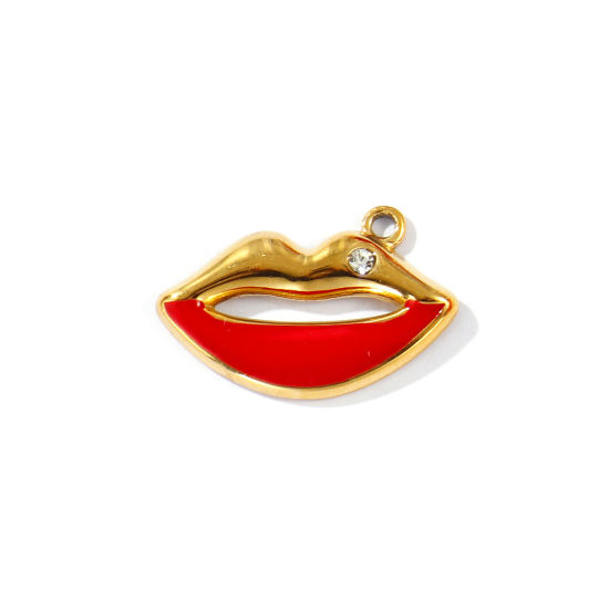 Imagen de 2 Unidades Recubrimiento al Vacío PVD Ecológico 304 Acero Inoxidable Colgantes Chapado en Oro de 18K Rojo Esmalte Labios Transparente Rhinestone 23mm x 15mm