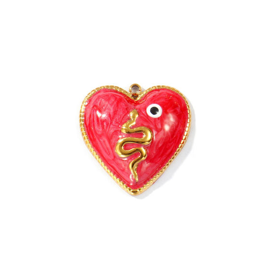 Imagen de 2 Unidades Recubrimiento al Vacío PVD Ecológico 304 Acero Inoxidable día de San Valentín Colgantes Chapado en Oro de 18K Rojo Esmalte Corazón Mal de ojo Perlado 25.5mm x 25mm