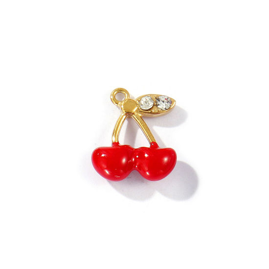 Imagen de 2 Unidades Recubrimiento al Vacío PVD Ecológico 304 Acero Inoxidable Colección Flora Colgantes Chapado en Oro de 18K Rojo Esmalte Cereza Transparente Rhinestone 13mm x 11mm