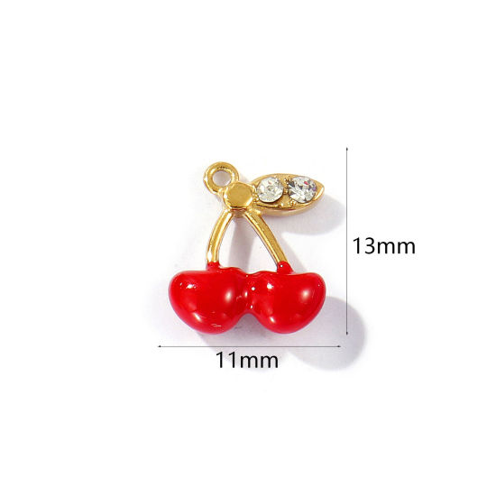 Imagen de 2 Unidades Recubrimiento al Vacío PVD Ecológico 304 Acero Inoxidable Colección Flora Colgantes Chapado en Oro de 18K Rojo Esmalte Cereza Transparente Rhinestone 13mm x 11mm