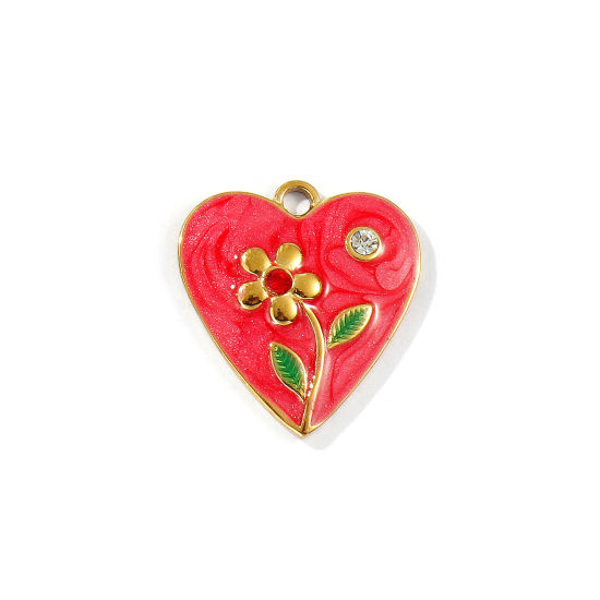 Imagen de 2 Unidades Recubrimiento al Vacío PVD Ecológico 304 Acero Inoxidable día de San Valentín Colgantes Chapado en Oro de 18K Rojo Esmalte Corazón Flor Perlado Transparente Rhinestone 20mm x 19mm