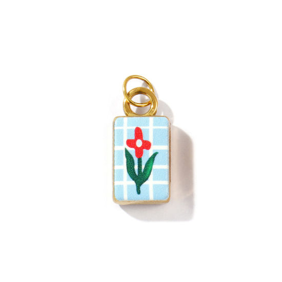 Bild von 2 Stück Umweltfreundliche PVD-Vakuumbeschichtung, wasserdicht, anlaufgeschützt und hypoallergen 304 Edelstahl Charms 18K Echtgold plattiert Bunt Rechteck Blumen Gedruckt 24mm x 10mm