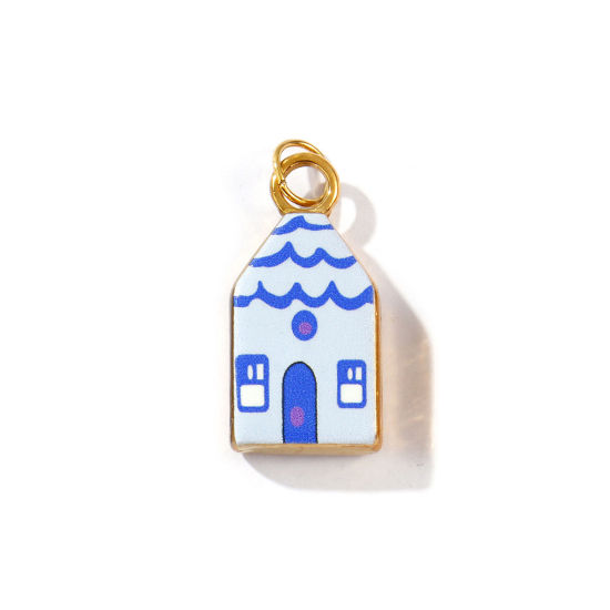 Bild von 2 Stück Umweltfreundliche PVD-Vakuumbeschichtung, wasserdicht, anlaufgeschützt und hypoallergen 304 Edelstahl Charms 18K Echtgold plattiert Dunkelblau Haus Gedruckt 29mm x 12mm