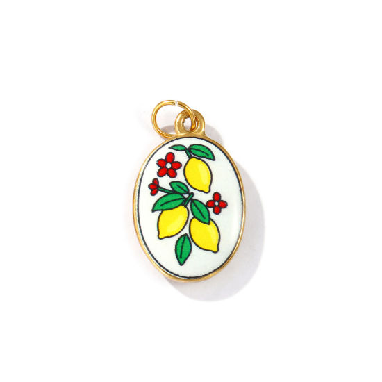 Bild von 2 Stück Umweltfreundliche PVD-Vakuumbeschichtung, wasserdicht, anlaufgeschützt und hypoallergen 304 Edelstahl Charms 18K Echtgold plattiert Bunt Oval Zitrone Gedruckt 27mm x 15mm