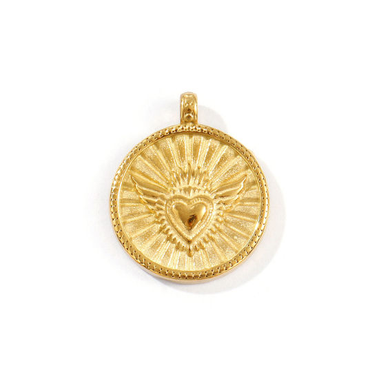 Image de 1 Pièce Breloques en 304 Acier Inoxydable Placage Sous Vide PVD Écologique Imperméable Anti-ternissement Hypoallergénique Religieux Plaqué Or Véritable 18K Disque Rond Coeur de Ex-Voto 22mm x 18mm