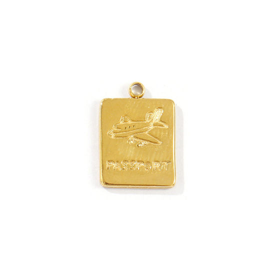 Image de 1 Pièce Breloques en 304 Acier Inoxydable Placage Sous Vide PVD Écologique Imperméable Anti-ternissement Hypoallergénique Voyage Plaqué Or Véritable 18K Passeport Avion 15mm x 11mm
