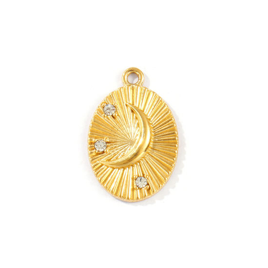 Image de 1 Pièce Breloques en 304 Acier Inoxydable Placage Sous Vide PVD Écologique Imperméable Anti-ternissement Hypoallergénique Galaxie Plaqué Or Véritable 18K Ovale Lune Micro Pave à Zircone Cubique Clair 23mm x 15.5mm