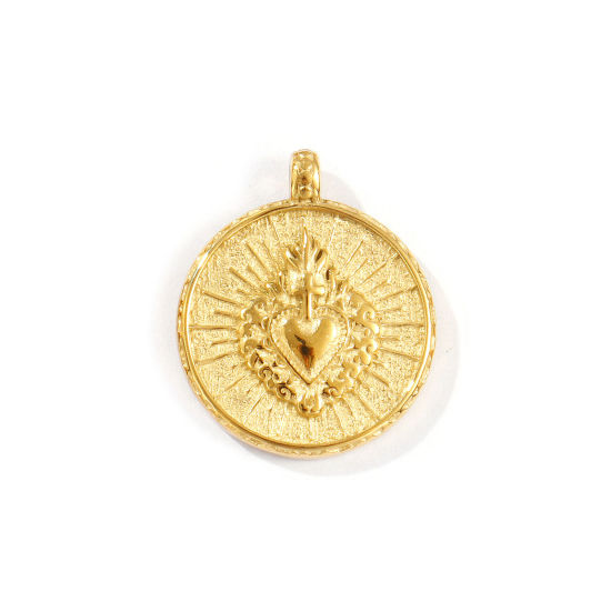 Image de 1 Pièce Breloques en 304 Acier Inoxydable Placage Sous Vide PVD Écologique Imperméable Anti-ternissement Hypoallergénique Religieux Plaqué Or Véritable 18K Disque Rond Coeur de Ex-Voto 21.5mm x 18mm