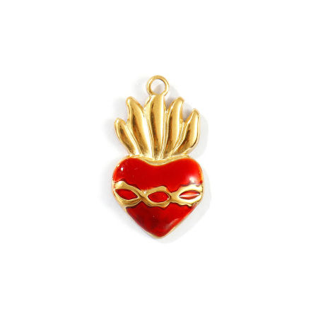 Picture of 1 Piece Eco-friendly PVD Vacuum Plating Waterproof Anti-Tarnish Hypoallergenic 304 Stainless Steel Religious Charms 18K Real Gold Plated Red Enamel Ex Voto Heart 24mm x 14mm