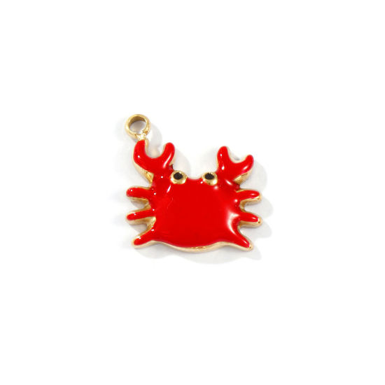 Image de 1 Pièce Breloques en 304 Acier Inoxydable Placage Sous Vide PVD Écologique Imperméable Anti-ternissement Hypoallergénique Bijoux d'Océan Plaqué Or Véritable 18K Rouge Émail Crabe 16mm x 15mm