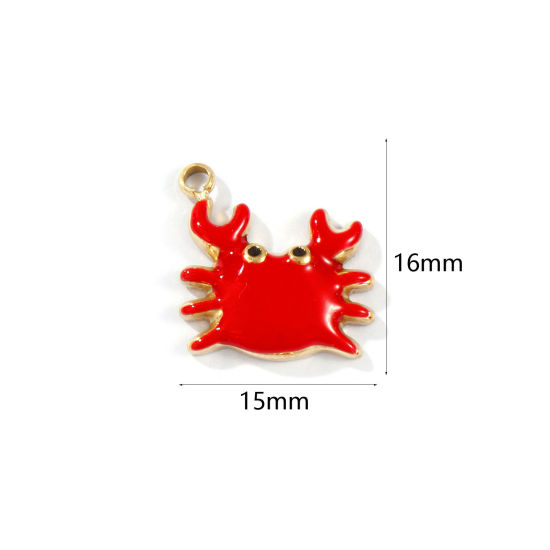 Image de 1 Pièce Breloques en 304 Acier Inoxydable Placage Sous Vide PVD Écologique Imperméable Anti-ternissement Hypoallergénique Bijoux d'Océan Plaqué Or Véritable 18K Rouge Émail Crabe 16mm x 15mm