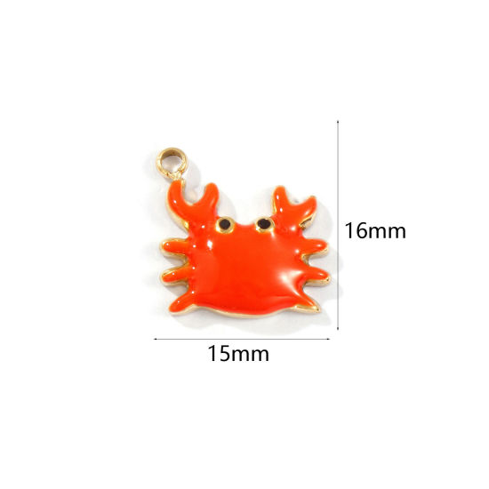 Image de 1 Pièce Breloques en 304 Acier Inoxydable Placage Sous Vide PVD Écologique Imperméable Anti-ternissement Hypoallergénique Bijoux d'Océan Plaqué Or Véritable 18K Orange Émail Crabe 16mm x 15mm