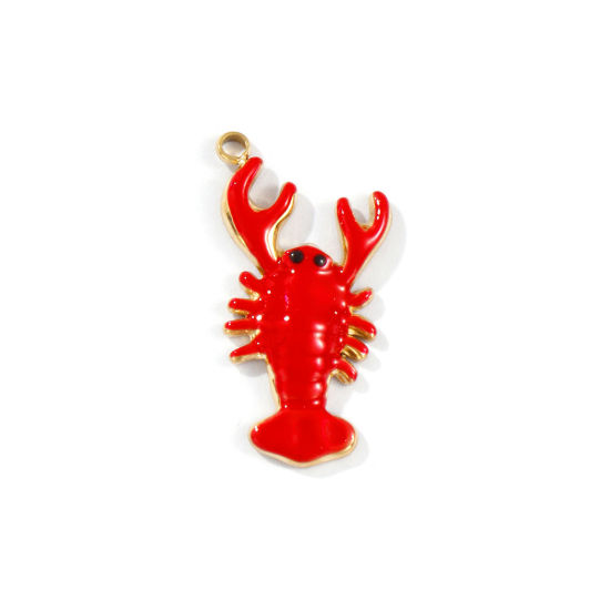 Image de 1 Pièce Breloques en 304 Acier Inoxydable Placage Sous Vide PVD Écologique Imperméable Anti-ternissement Hypoallergénique Bijoux d'Océan Plaqué Or Véritable 18K Rouge Émail Homard 23mm x 12mm