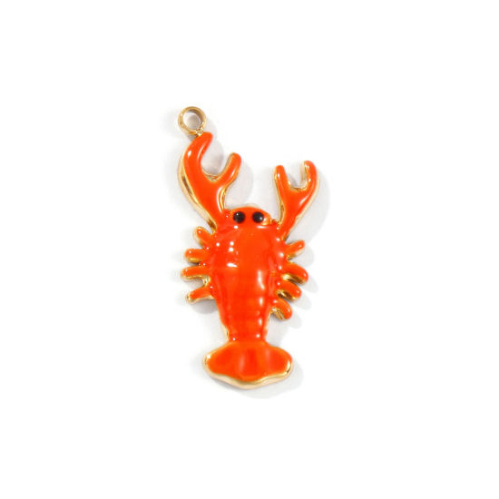 Image de 1 Pièce Breloques en 304 Acier Inoxydable Placage Sous Vide PVD Écologique Imperméable Anti-ternissement Hypoallergénique Bijoux d'Océan Plaqué Or Véritable 18K Orange Émail Homard 23mm x 12mm