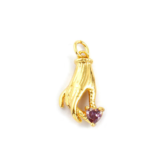 Bild von 2 Stück Umweltfreundlich Messing Charms 18K Echtgold plattiert Hand Herz 3D Amethyst Strassstein 24mm x 12mm