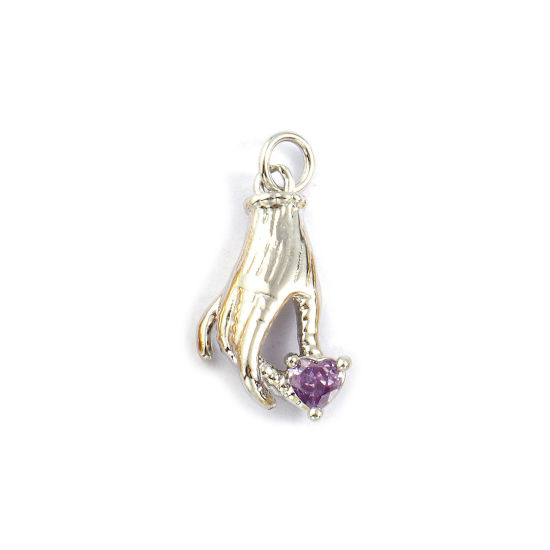 Bild von 2 Stück Umweltfreundlich Messing Charms Echt Platin plattiert Hand Herz 3D Amethyst Strassstein 24mm x 12mm