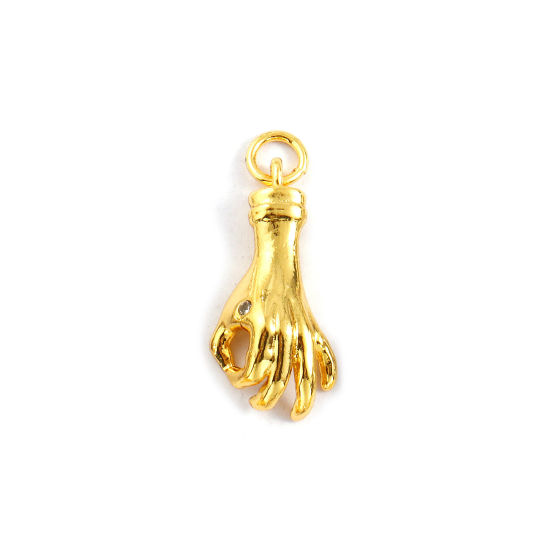 Bild von 2 Stück Umweltfreundlich Messing Charms 18K Echtgold plattiert OK Handzeichen Geste 3D Transparent Strassstein 25mm x 10mm