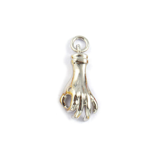 Bild von 2 Stück Umweltfreundlich Messing Charms Echt Platin plattiert OK Handzeichen Geste 3D Transparent Strassstein 25mm x 10mm