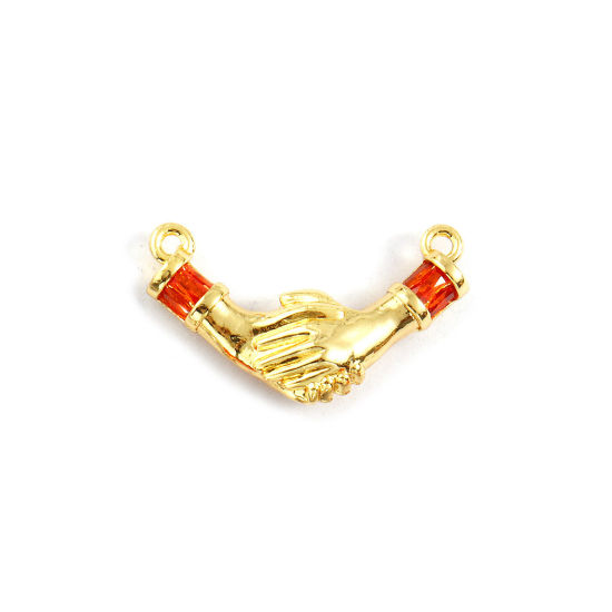 Bild von 2 Stück Umweltfreundlich Messing Steckverbinder Charms Anhänger 18K Echtgold plattiert Hand 3D Orange Strassstein 22.5mm x 13mm