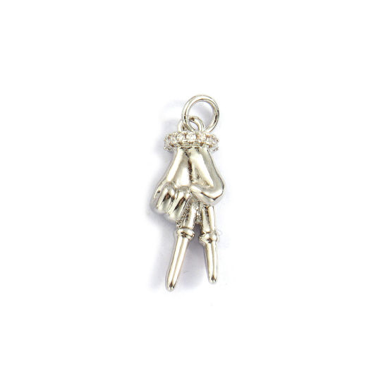 Bild von 2 Stück Umweltfreundlich Messing Charms Echt Platin plattiert V Victory Handzeichen Geste 3D Transparent Strassstein 24mm x 9mm