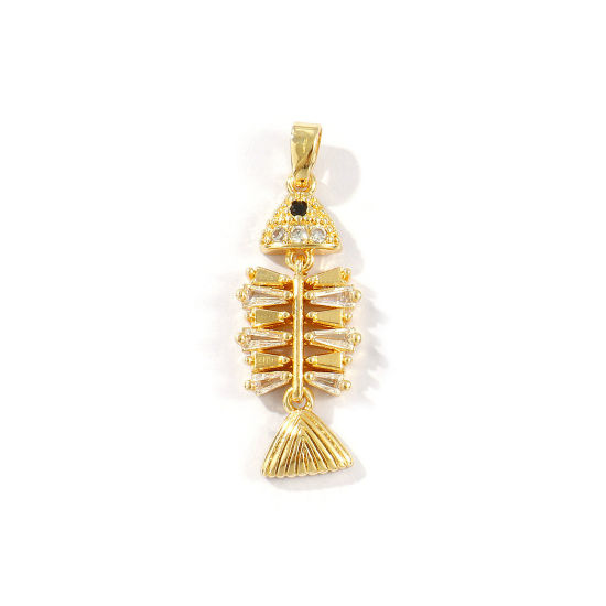 Image de 2 Pcs Pendentifs Bijoux d'Océan Respectueux de la Nature en Laiton Plaqué Or Véritable 18K Os de Poisson Micro Pave à Strass Noir 3.4cm x 1.2cm