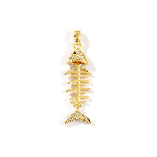 Image de 2 Pcs Pendentifs Bijoux d'Océan Respectueux de la Nature en Laiton Plaqué Or Véritable 18K Os de Poisson Micro Pave à Strass Transparent 3.5cm x 1cm