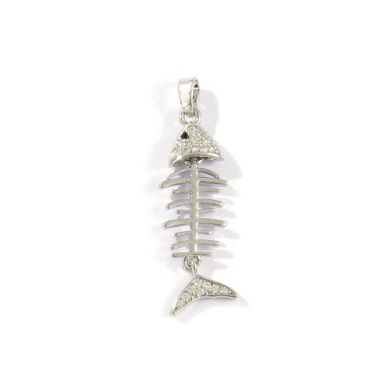 Image de 2 Pcs Pendentifs Bijoux d'Océan Respectueux de la Nature en Laiton Plaqué Platine Véritable Os de Poisson Micro Pave à Strass Transparent 3.5cm x 1cm
