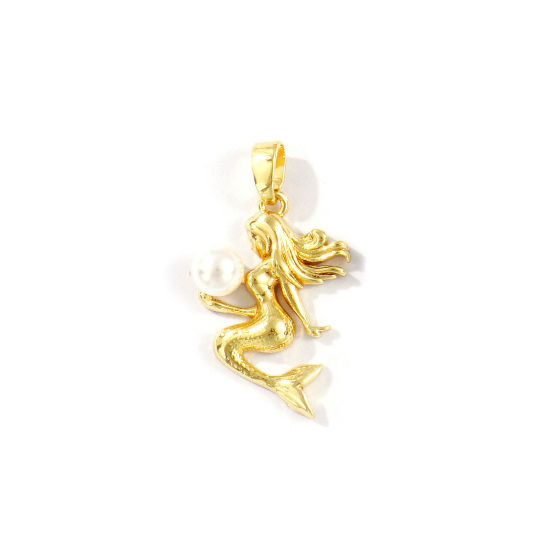 Image de 2 Pcs Pendentif Breloque Bijoux d'Océan Respectueux de la Nature en Laiton Plaqué Or Véritable 18K Blanc Sirène Perle Imitation Acrylique 26mm x 15mm