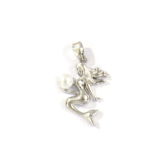 Image de 2 Pcs Pendentif Breloque Bijoux d'Océan Respectueux de la Nature en Laiton Plaqué Platine Véritable Blanc Sirène Perle Imitation Acrylique 26mm x 15mm