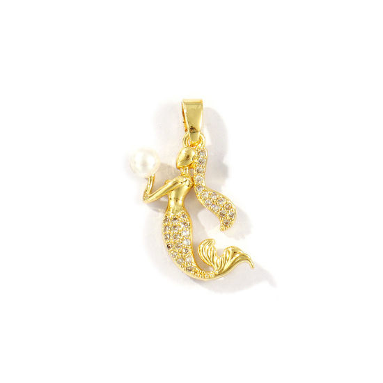 Image de 2 Pcs Pendentif Breloque Bijoux d'Océan Respectueux de la Nature en Laiton Plaqué Or Véritable 18K Blanc Sirène Perle Imitation Acrylique à Strass Transparent 24mm x 17mm