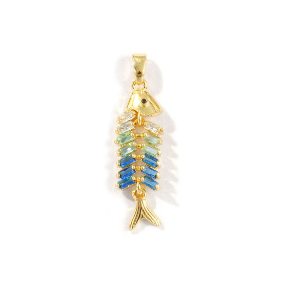 Image de 2 Pcs Pendentifs Bijoux d'Océan Respectueux de la Nature en Laiton Plaqué Or Véritable 18K Os de Poisson Couleur du Dégradé à Strass Coloré 3.3cm x 0.9cm