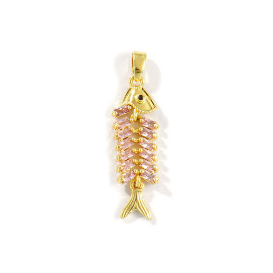 Image de 2 Pcs Pendentifs Bijoux d'Océan Respectueux de la Nature en Laiton Plaqué Platine Véritable Os de Poisson Micro Pave à Strass Rose Clair 3.3cm x 0.9cm