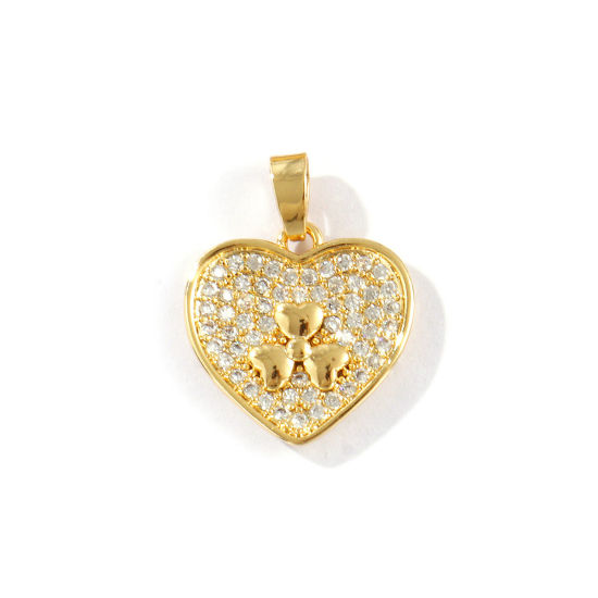 Immagine di 2 Pz Ottone San Valentino Ciondoli Pendenti Placcato Oro 18K Cuore Trifoglio Micro Spianare Trasparente Cubic Zirconiae 21mm x 16mm