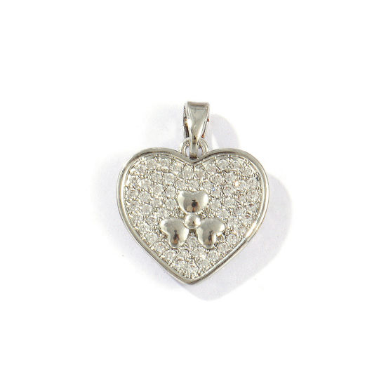 Immagine di 2 Pz Ottone San Valentino Ciondoli Pendenti Platino Placcato Cuore Trifoglio Micro Spianare Trasparente Cubic Zirconiae 21mm x 16mm