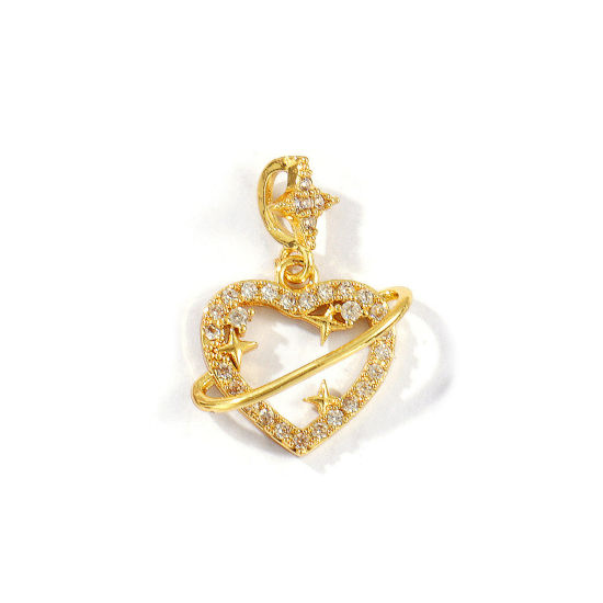Immagine di 2 Pz Ottone San Valentino Ciondoli Placcato Oro 18K Cuore Micro Spianare Trasparente Cubic Zirconiae 23mm x 16mm
