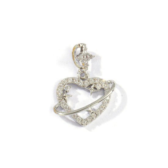Immagine di 2 Pz Ottone San Valentino Ciondoli Platino Placcato Cuore Micro Spianare Trasparente Cubic Zirconiae 23mm x 16mm