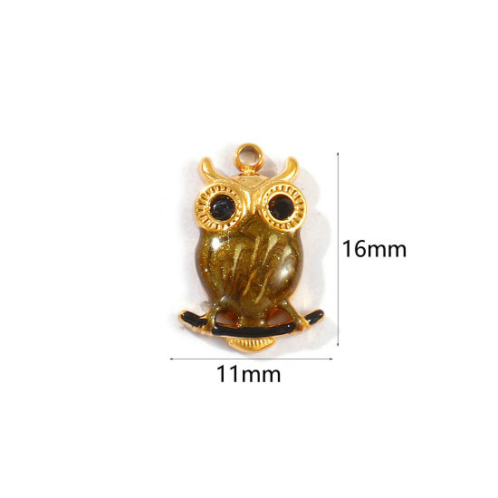 2 個 エコフレンドリー PVD真空メッキ 防水 耐変色性の 低アレルギー性の 304ステンレス鋼 チャーム 18Kリアルゴールドメッキ コーヒー色 エナメル フクロウ 光沢ある ブラック ラインストーン 16mm x 11mm、 の画像