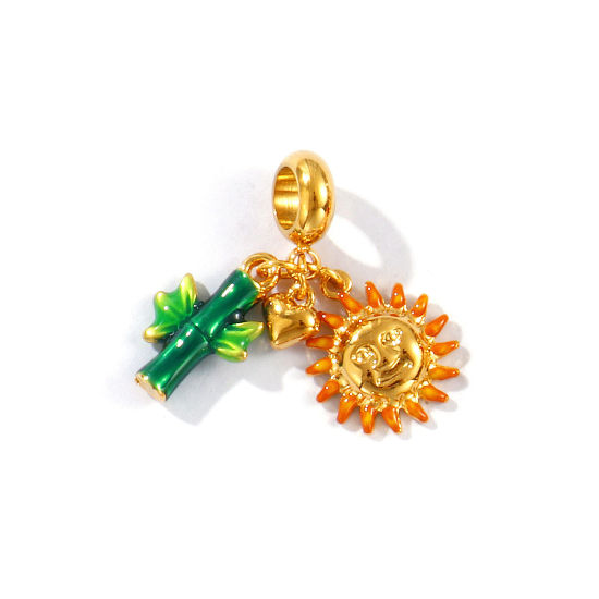 Bild von 1 Stück Umweltfreundliche PVD-Vakuumbeschichtung, wasserdicht, anlaufgeschützt und hypoallergen 304 Edelstahl Galaxis Baumelnde Charm-Perlen für die Herstellung von Armbändern, Halsketten und Schmuck 18K Echtgold plattiert Grün Emaille Bamboo-förmig 26mm