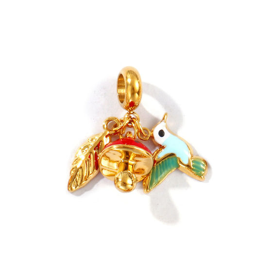 Bild von 1 Stück Umweltfreundliche PVD-Vakuumbeschichtung, wasserdicht, anlaufgeschützt und hypoallergen 304 Edelstahl Baumelnde Charm-Perlen für die Herstellung von Armbändern, Halsketten und Schmuck 18K Echtgold plattiert Bunt Emaille Kolibri 24mm