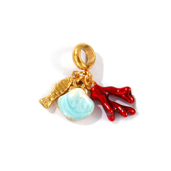 Bild von 1 Stück Umweltfreundliche PVD-Vakuumbeschichtung, wasserdicht, anlaufgeschützt und hypoallergen 304 Edelstahl Ozean Schmuck Baumelnde Charm-Perlen für die Herstellung von Armbändern, Halsketten und Schmuck 18K Echtgold plattiert Blau Emaille Muschel 28mm