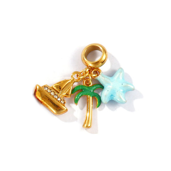Bild von 1 Stück Umweltfreundliche PVD-Vakuumbeschichtung, wasserdicht, anlaufgeschützt und hypoallergen 304 Edelstahl Ozean Schmuck Baumelnde Charm-Perlen für die Herstellung von Armbändern, Halsketten und Schmuck 18K Echtgold plattiert Grün Emaille Kokospalme Transparent Strass 26mm