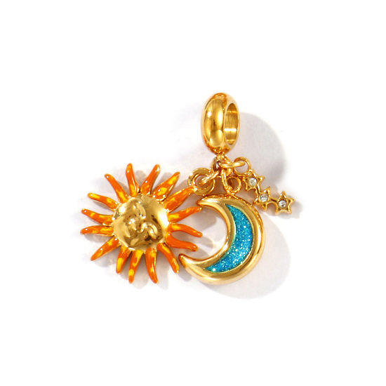 Bild von 1 Stück Umweltfreundliche PVD-Vakuumbeschichtung, wasserdicht, anlaufgeschützt und hypoallergen 304 Edelstahl Galaxis Baumelnde Charm-Perlen für die Herstellung von Armbändern, Halsketten und Schmuck 18K Echtgold plattiert Cyan Emaille Sonne & Mond Transparent Strass 3cm