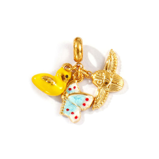 Bild von 1 Stück Umweltfreundliche PVD-Vakuumbeschichtung, wasserdicht, anlaufgeschützt und hypoallergen 304 Edelstahl Baumelnde Charm-Perlen für die Herstellung von Armbändern, Halsketten und Schmuck 18K Echtgold plattiert Bunt Emaille Schmetterling 27mm