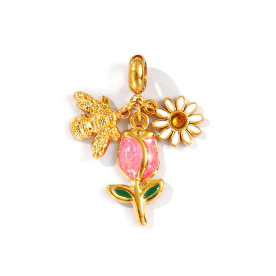 Bild von 1 Stück Umweltfreundliche PVD-Vakuumbeschichtung, wasserdicht, anlaufgeschützt und hypoallergen 304 Edelstahl Insekt Baumelnde Charm-Perlen für die Herstellung von Armbändern, Halsketten und Schmuck 18K Echtgold plattiert Bunt Emaille Tulpen Transparent Strass 3.4cm