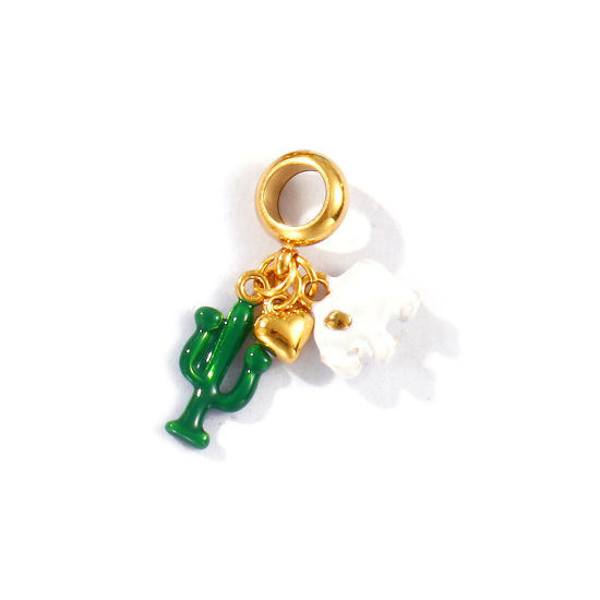Bild von 1 Stück Umweltfreundliche PVD-Vakuumbeschichtung, wasserdicht, anlaufgeschützt und hypoallergen 304 Edelstahl Haustier Silhouette Baumelnde Charm-Perlen für die Herstellung von Armbändern, Halsketten und Schmuck 18K Echtgold plattiert Grün Emaille Kaktus 26mm