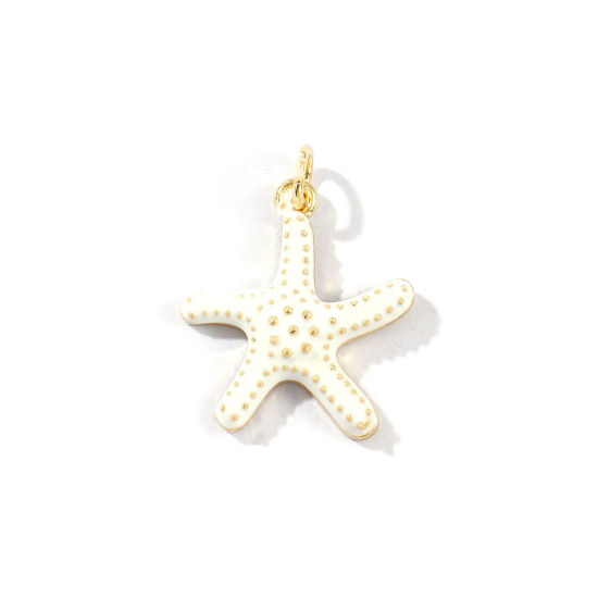 Picture of 2 PCs Eco-friendly Brass Ocean Jewelry Charms 18K Real Gold Plated White Enamel Starfish 23mm x 18mm